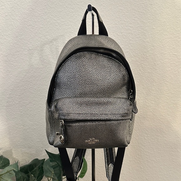 COACH logo mini backpack Metallic backpack daypack Backpack leather Silver - Picture 1 of 13
